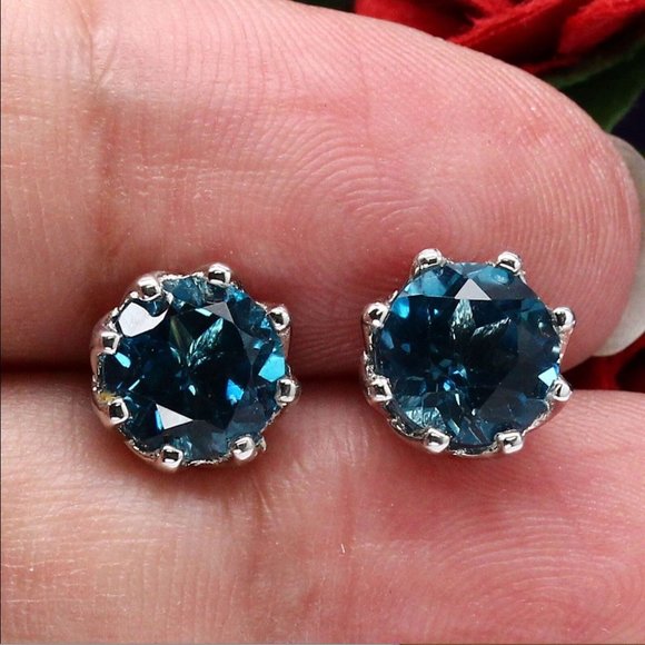 NATURAL VVS 8 mm. ROUND LONDON BLUE TOPAZ EARRINGS - Picture 2 of 4